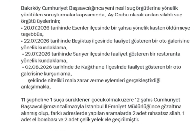 Bakırköy Cumhuriyet Başsavcılığı, "Ay Grubu" olarak anılan silahlı suç örgütüne yönelik soruşturma kapsamında operasyon yaptı